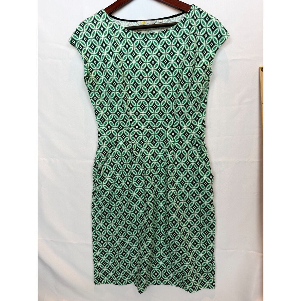 Boden Green Blue Geometric Retro Printed Cotton Cap Sleeve Sheath Dress